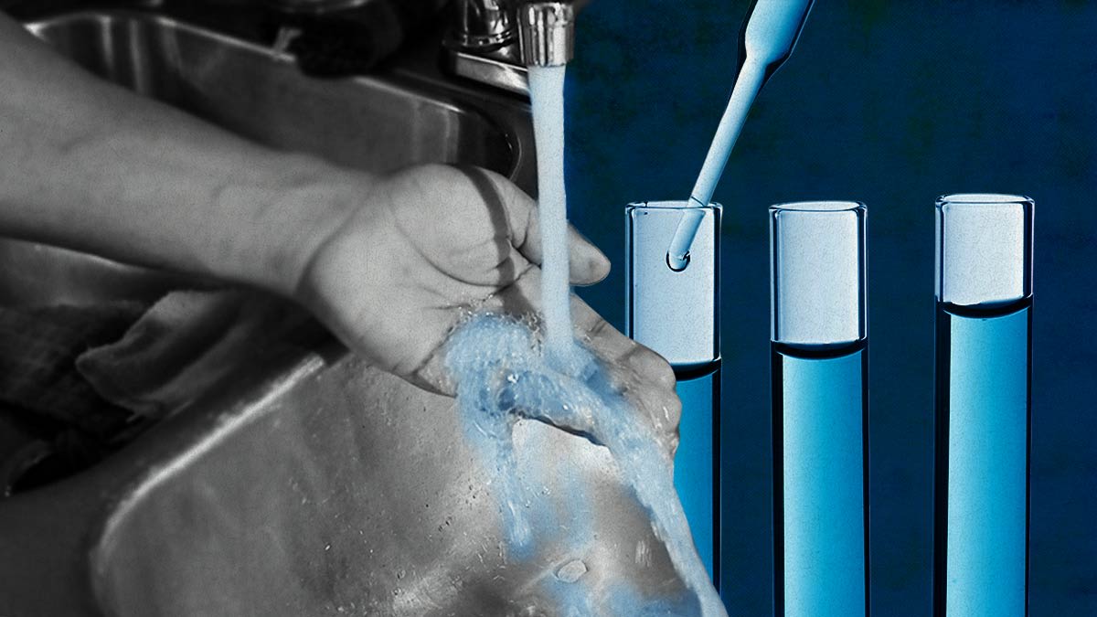 A photo collage of a resident of Jackson, Mississippi, checking the water at the kitchen sink and an image of test tubes.