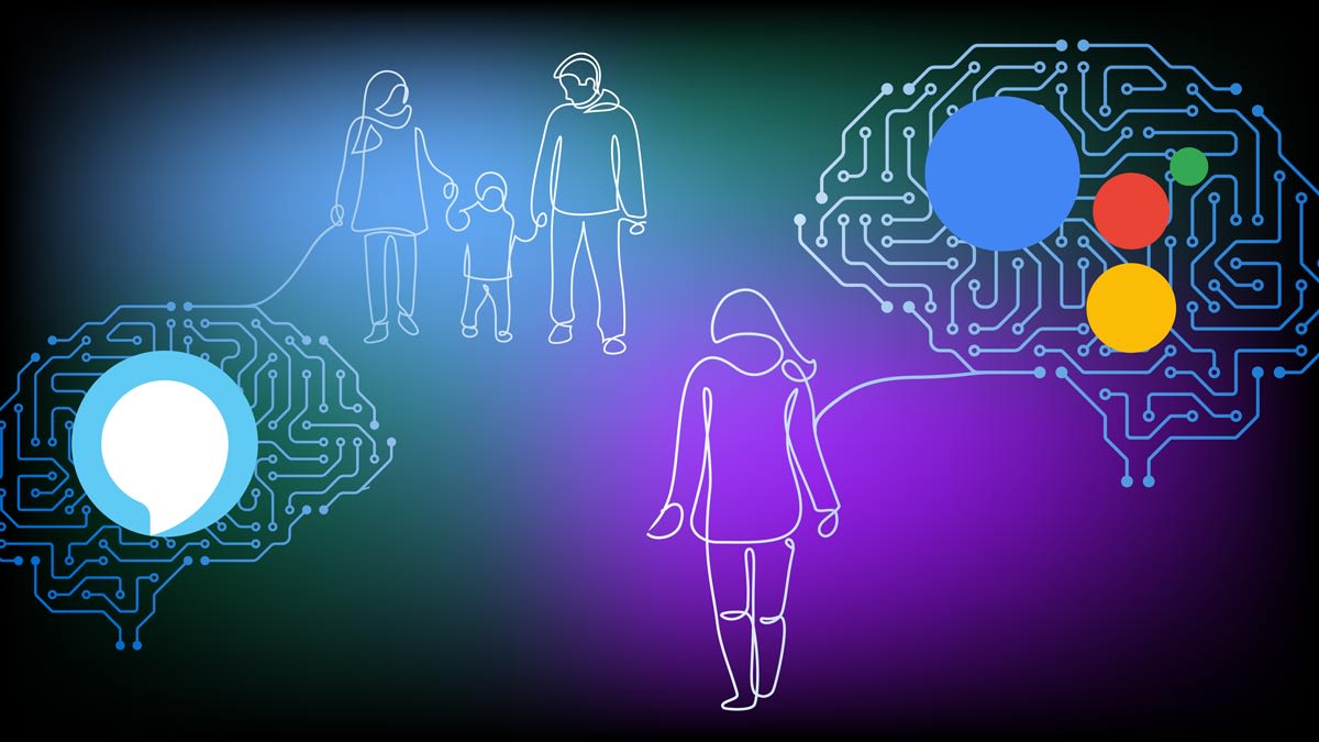 Voice assistant logos on brains generating line drawings of people.