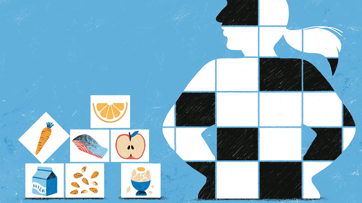 An illustration of a woman and healthy foods.