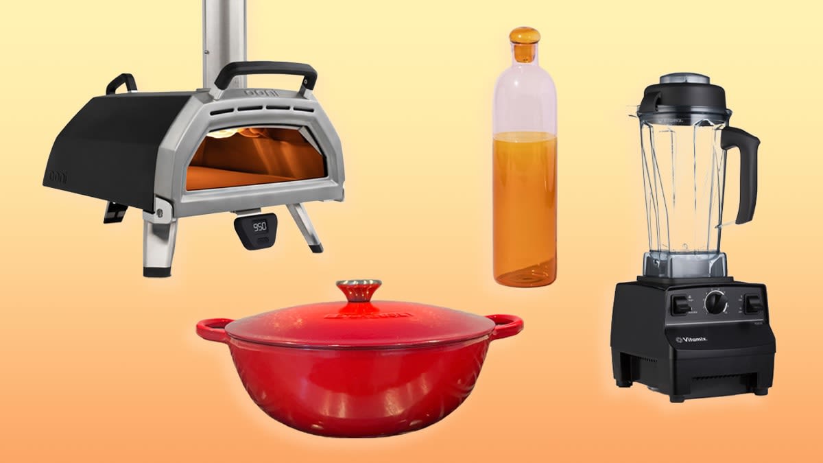 Ooni Kura pizza oven, Ichendorf bottle, Vitamix blender, and Le Creuset soup pot