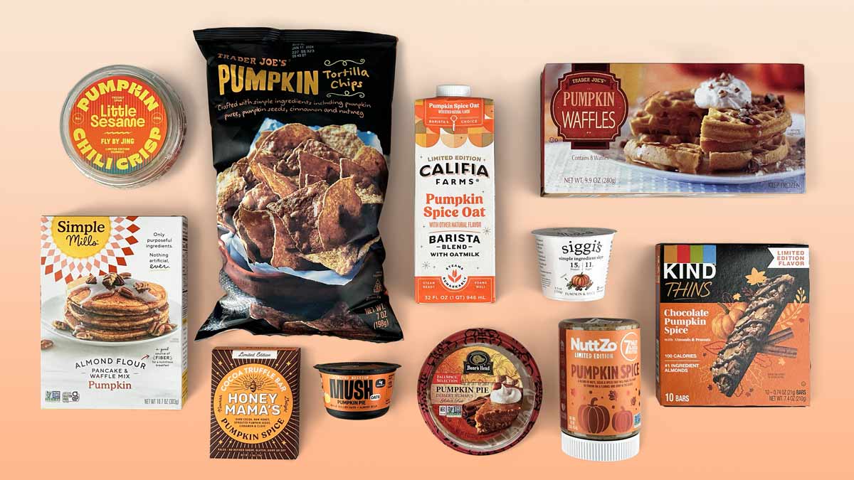 Simple Mills Pumpkin Almond Flour Pancake & Waffle Mix, NuttZo Pumpkin Spice 7 Nut & Seed Butter, Trader Joe’s Pumpkin Tortilla Chips, Trader Joe’s Pumpkin Waffles, Boar’s Head Pumpkin Pie Dessert Hummus, Siggi’s Pumpkin & Spice Yogurt, Kind Chocolate Pumpkin Spice Thins, Califia Farms Pumpkin Spice Oat Barista Blend, Little Sesame Pumpkin Chill Crisp Hummus, Honey Mama’s Pumpkin Spice Cocoa Truffle Bar, Mush Pumpkin Pie overnight oats