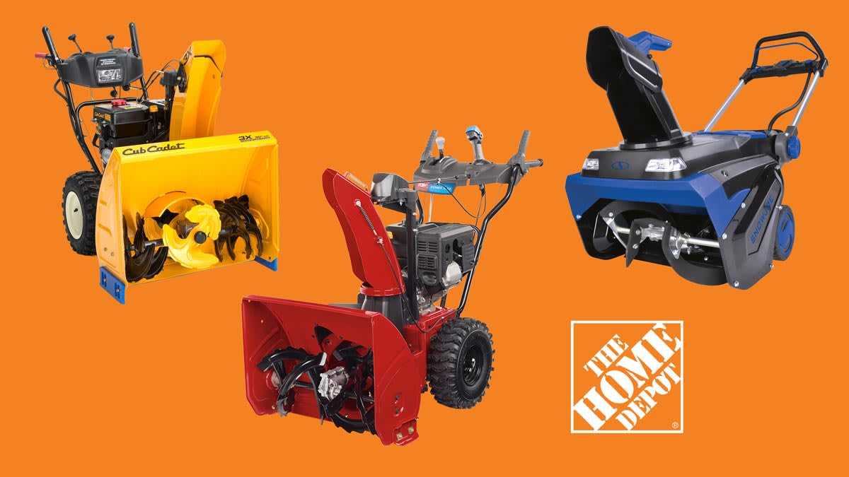 Cub Cadet 3X 30" HD, Toro Power Max 824 OE 37798, and Snow Joe ION100V-21SB on an orange background with Home Depot logo.