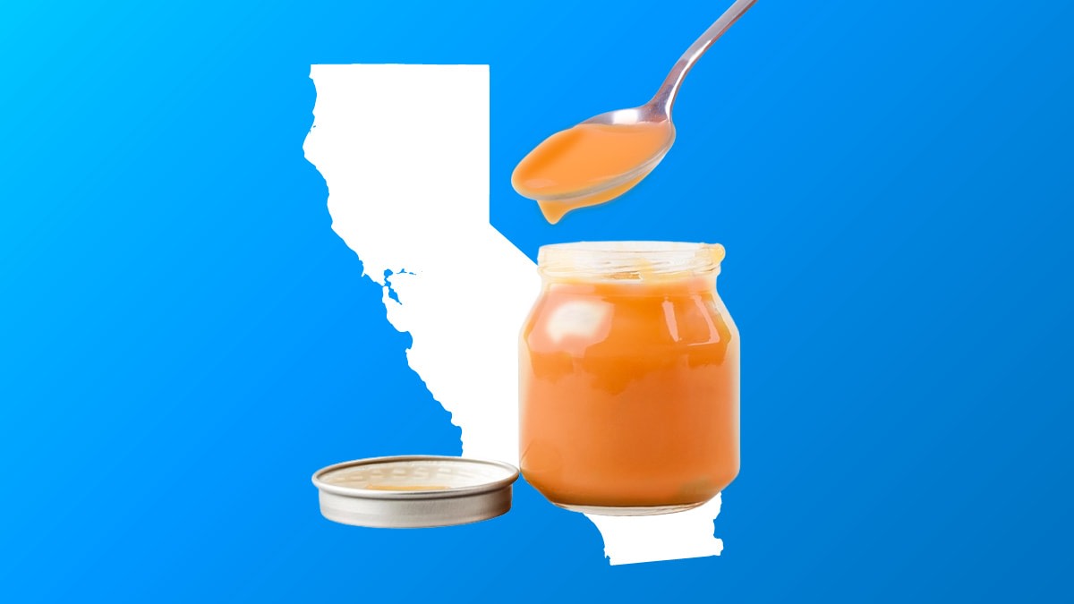 Outline of the state of California and a jar of baby food.