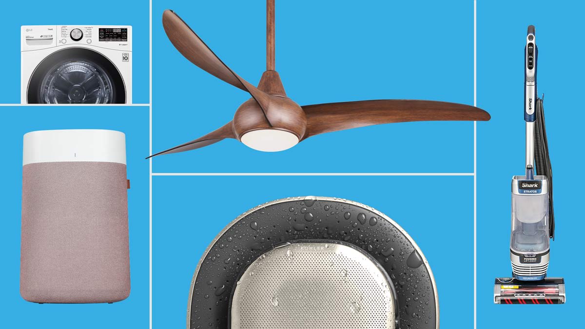a roundup of products including MinkaAire light wave 52 ceiling fan, kohler moxie bt showerhead, blueair blue pure 211i max air purifier, LG washing machine, shark stratos vacuum
