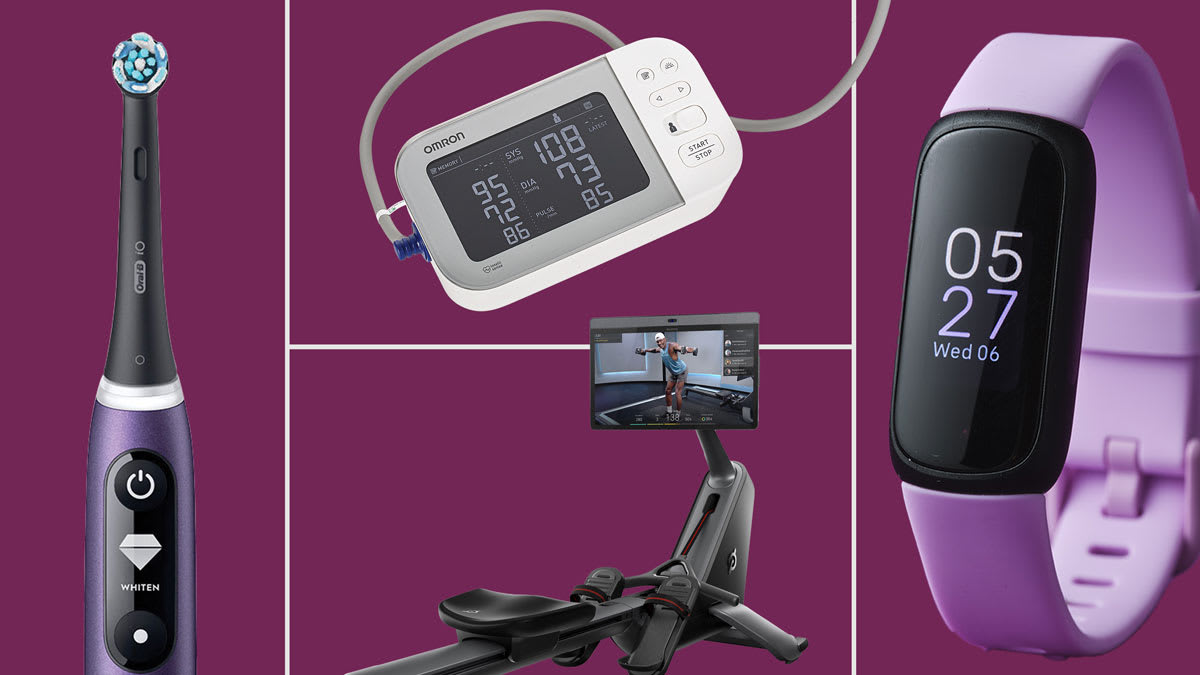 a roundup of products including oral-b io 1 series toothbrush, fitbit inspire 3, omron platinum blood pressure monitor, peloton row basics