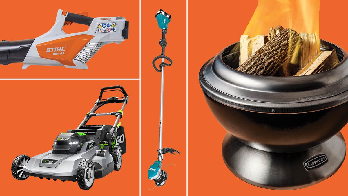 a roundup of products including cuisinart cleanburn fireput, makita battery string trimmer, stihl leaf blower, ego lawn mower