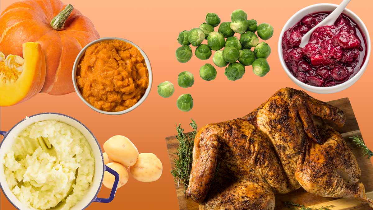 Collage of pumpkin, yukon gold potatoes, brussels sprouts, cranberry sauce and a spatchcocked turkey for thanksgiving food facts.