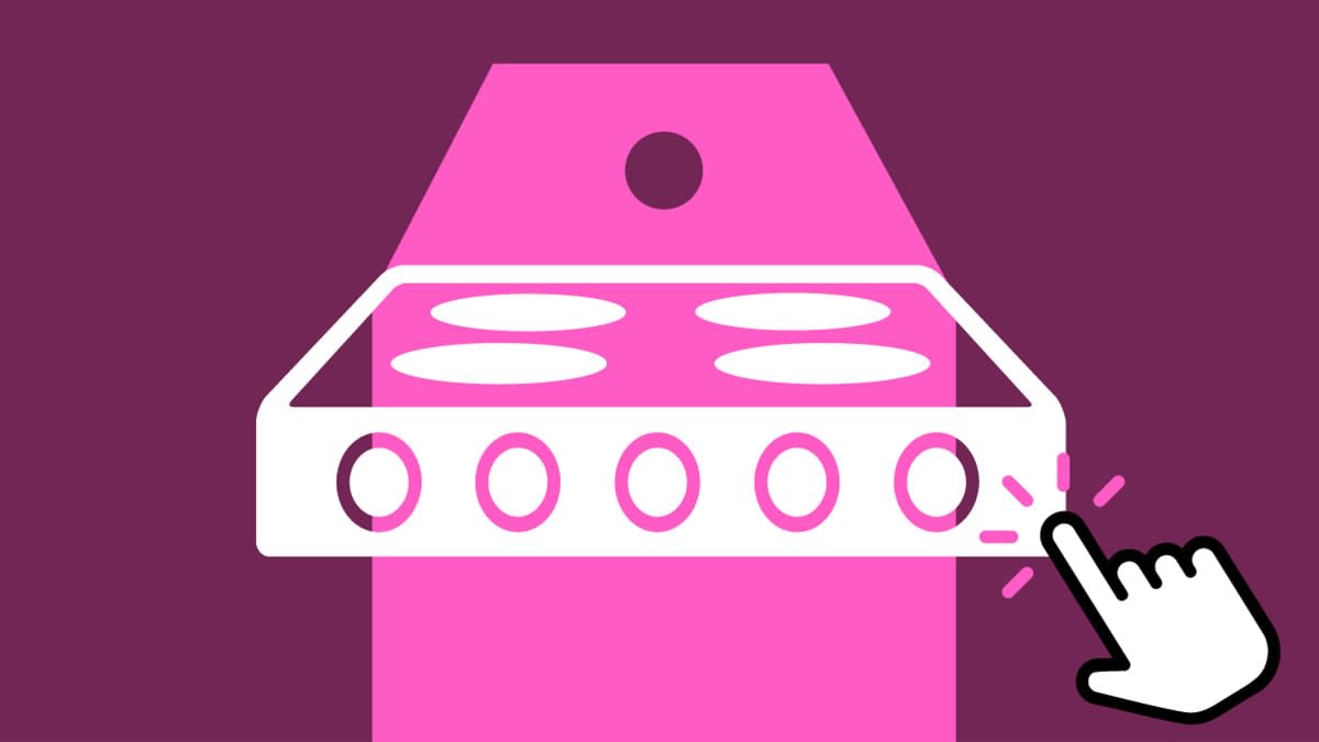 Range on shopping deals tag with digital hand icon with pink background.