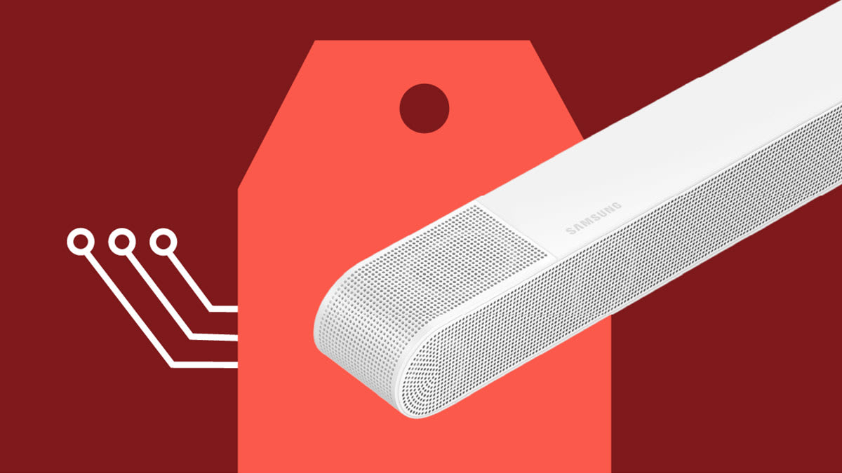 Samsung soundbar on shopping deals tag with a red background and circuit board icons.