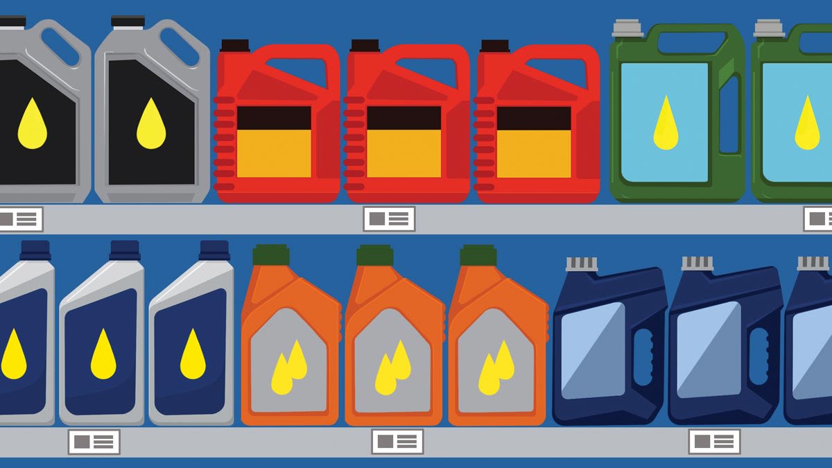 an assortment of motor oils on a store shelf
