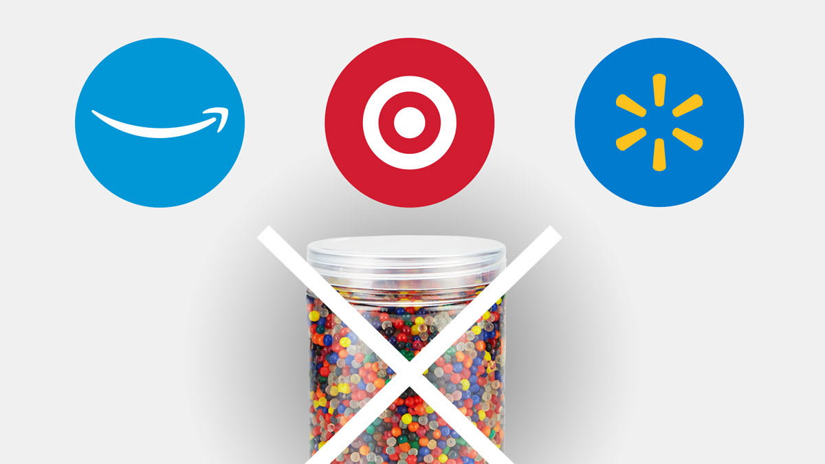 Amazon, Target, and Walmart logo above a container of water beads with a white x on it.