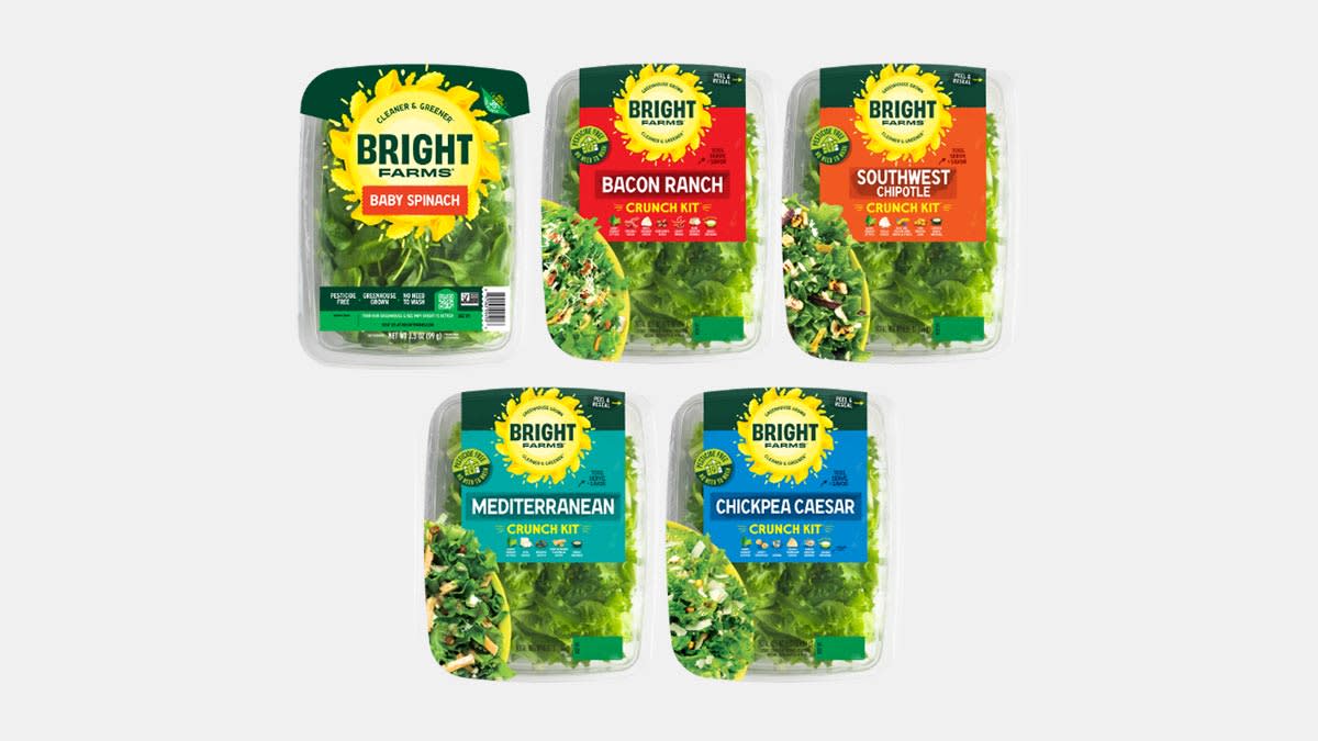 Recalled Salad and Spinach kits: BrightFarms Baby Spinach, BrightFarms Bacon Ranch Crunch Kit, BrightFarms Southwest Chipotle, BrightFarms Mediterranean Crunch Kit, and BrightFarms Chickpea Caesar Crunch Kit