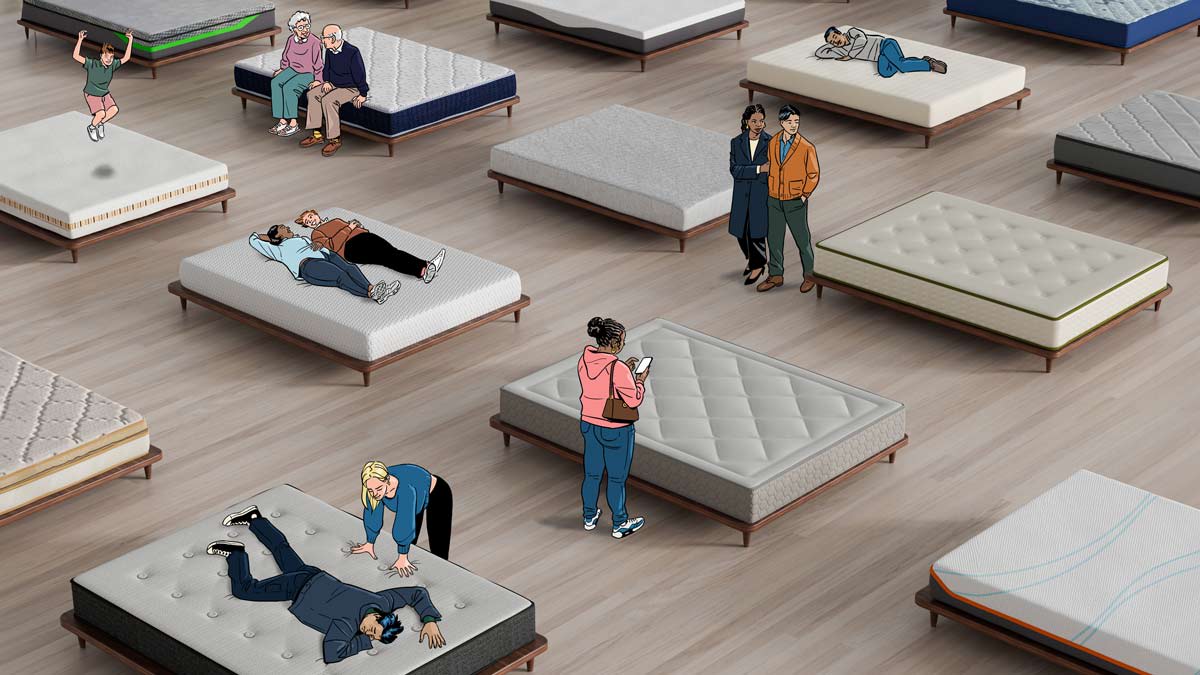 illustration of different mattresses in grid with various people and couples walking around and trying out the mattresses