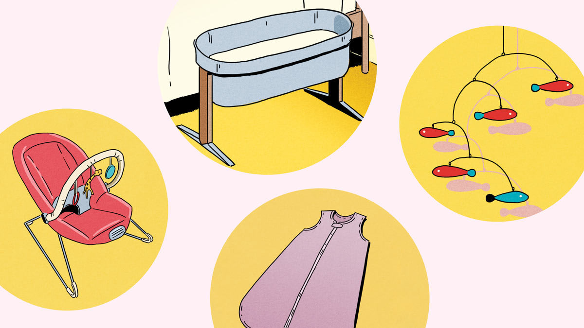 A bouncy seat, bassinet by bed, sleep sack and mobile toy.
