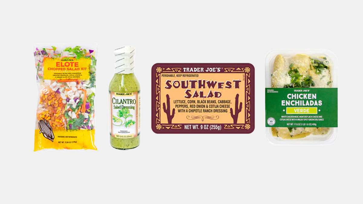 Trader Joe’s Elote Chopped Salad Kit, Cilantro Salad Dressing, Southwest Salad, Chicken Enchiladas Verde