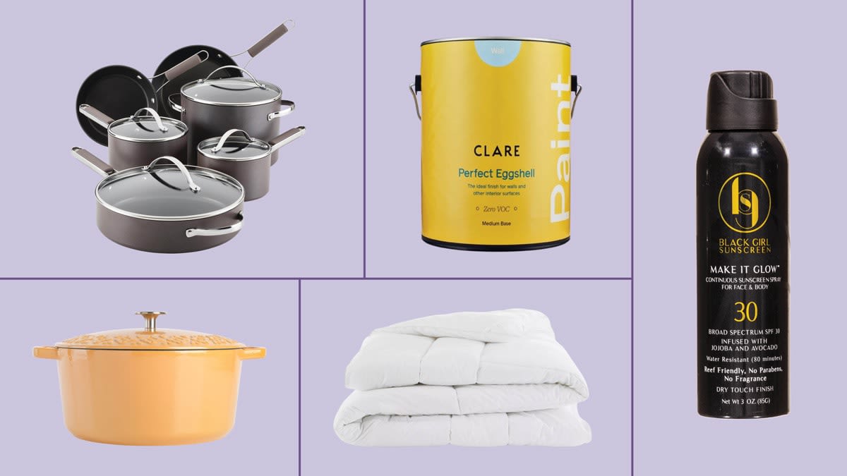 Ayesha Curry Hard-Anodized Nonstick Cookware set, Spice by Tia Mowry Savory Saffron Enameled Cast Iron Dutch Oven, Clean Design Home x Martex Anti-Allergen Down Alternative Comforter, Clare Perfect Eggshell pain, and Black Girl Sunscreen Make It Glow Spray SPF 30