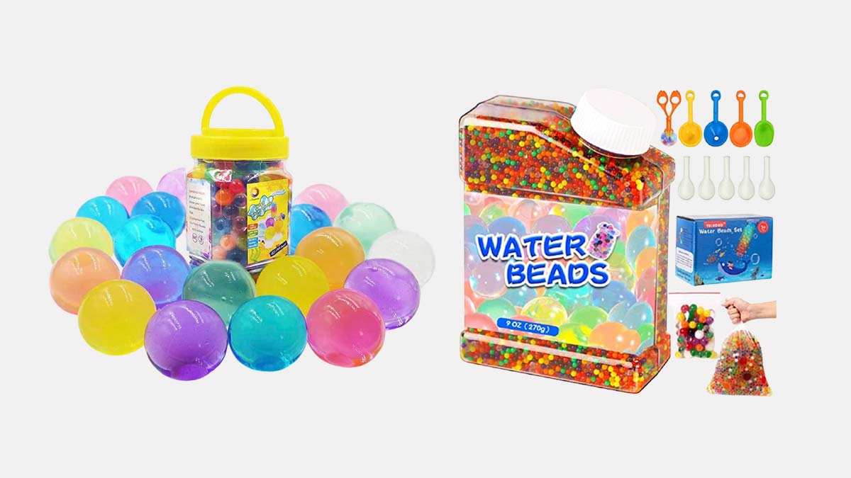 Shown left to right: Jangostor Large Water Beads 11 ounce, Tuladuo Water Bead Set (with funnels and mesh bag)