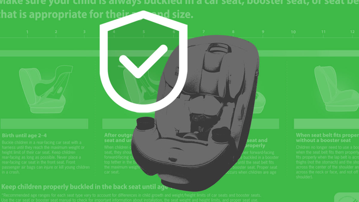 illustration of car seat with safety check mark logo over it and car seat safety guidelines in the background