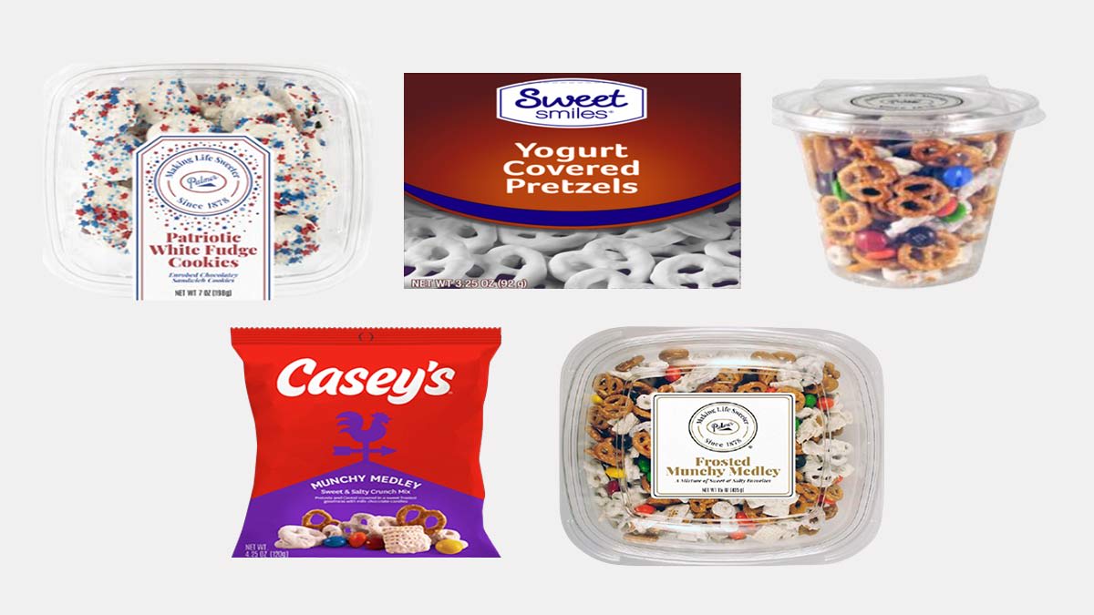 Recalled White Confectionary Products shown: Patriotic White Fudge Cookies, Sweet Smiles Yogurt Covered Pretzels, Munchy Medley, Casey's Munchy Medley, and Frosted Munchy Medley.