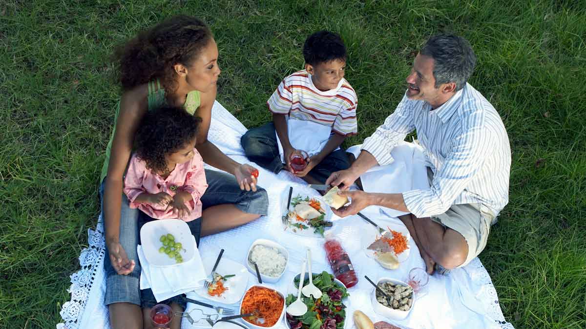 overhead view of parents and two children sitting on white blanket with picnic foods, surrounded by grass