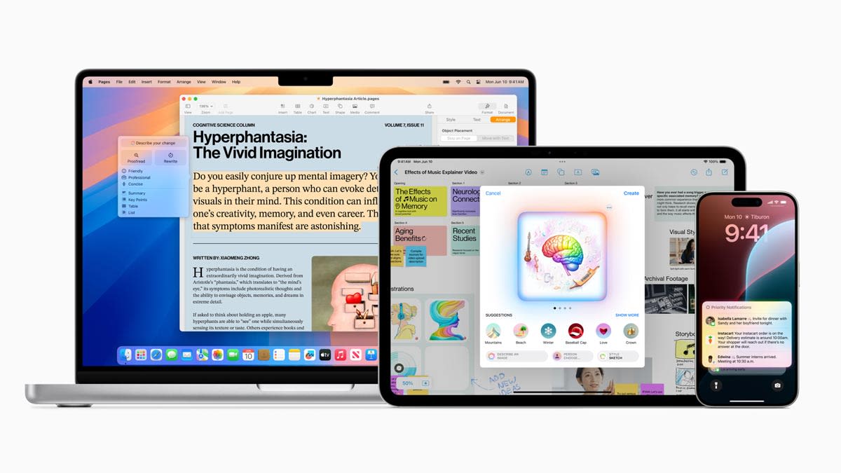 iPhone, iPad, and Mac displaying Apple Intelligence