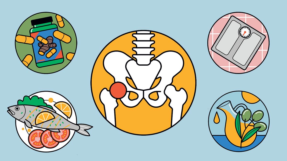 illustrations of skeleton with red circle over hip, bathroom scale, pitcher of olive oil, baked whole fish, and ginger pill bottle