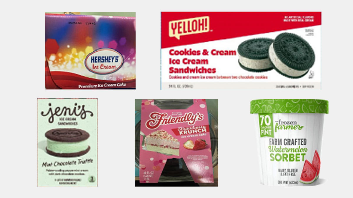 packaging for recalled Hershey's Ice Cream 110 fl oz vanilla and chocolate flavored ice cream cake, The Frozen Farmer 16 fl oz Watermelon Sorbet Pints, Friendly's 40 fl oz Strawberry Krunch Ice Cream Cake, Jeni's 3.5 fl oz Mint Chocolate Truffle Pie Ice Cream Sandwiches, and Yelloh! 4 fl oz Cookies & Cream Ice
Cream Sandwiches