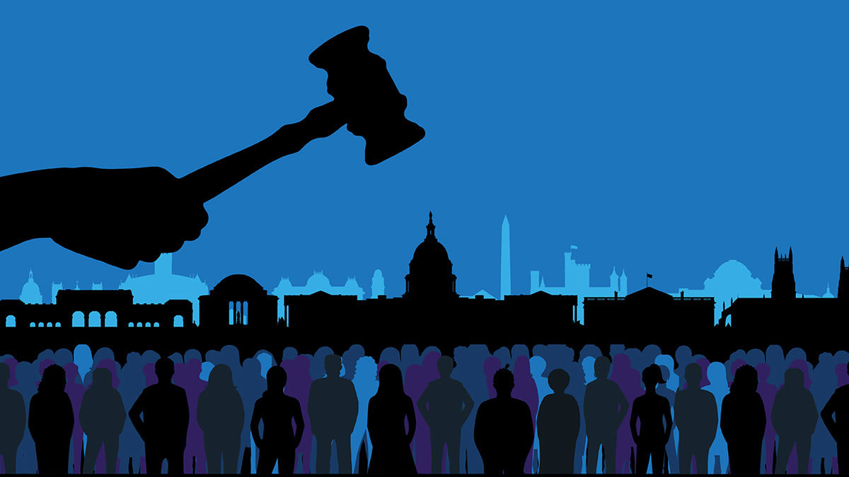 A big gavel over Washington, D.C. landmarks. Below, there's a crowd of people looking up.