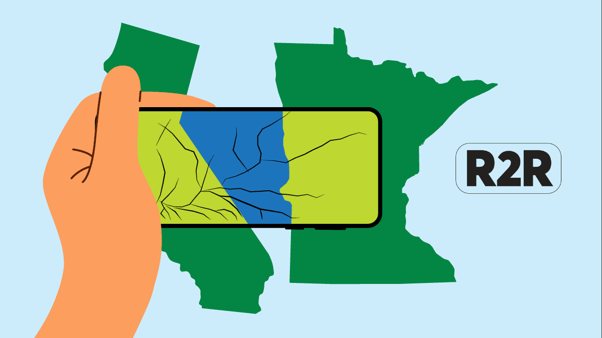 Illustration of a hand holding a cracked cell phone and the states of California and Minnesota.