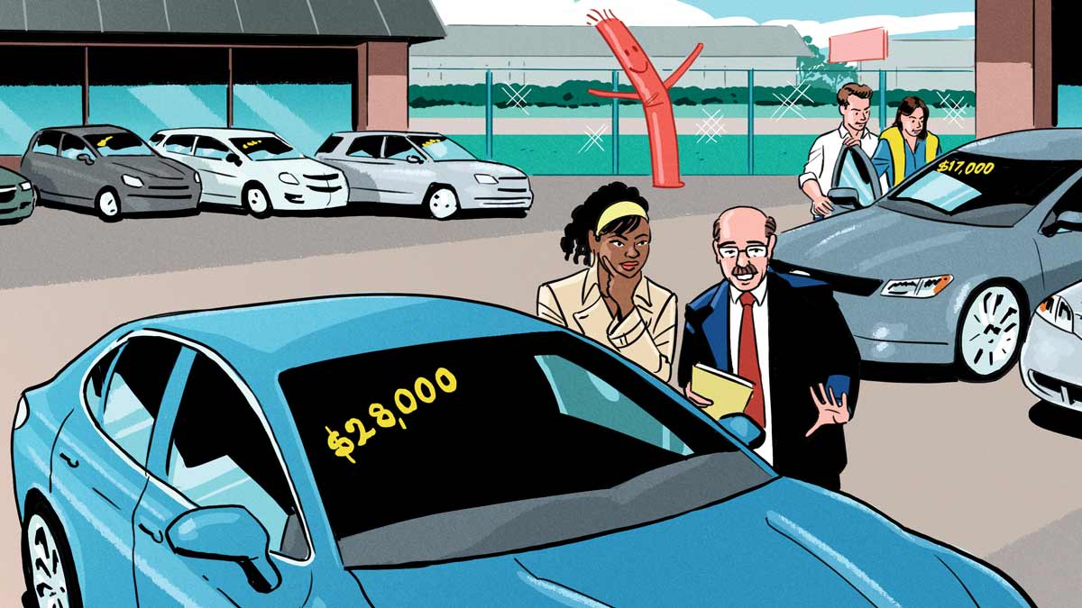 Woman looking at blue car in car lot with red tube man floating in back.
