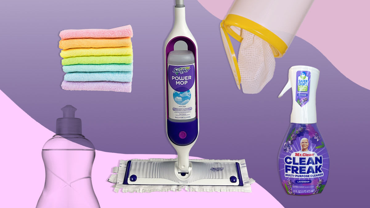 Dish soap, microfiber cloths, Swiffer Power mop, cleaning wipes and Mr. Clean Clean Freak multipurpose spray.