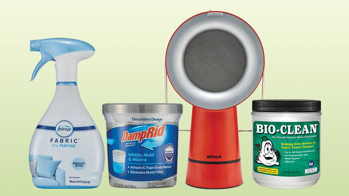 Febreze Fabric Refresher Free, DampRid Fragrance Free Refillable Moisture Remover, AirHood Portable Range Hood (Wired), Bio-Clean Bacteria Waste Eliminator