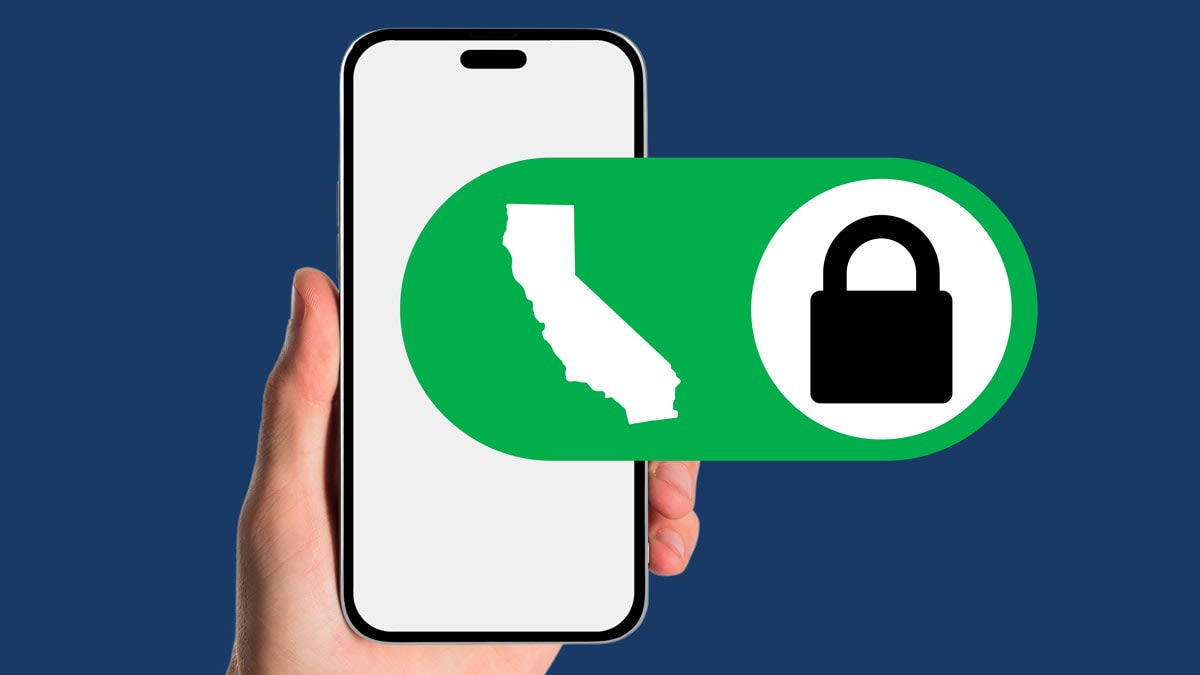 Hand-holding phone with toggle button with the state of California and lock icon.