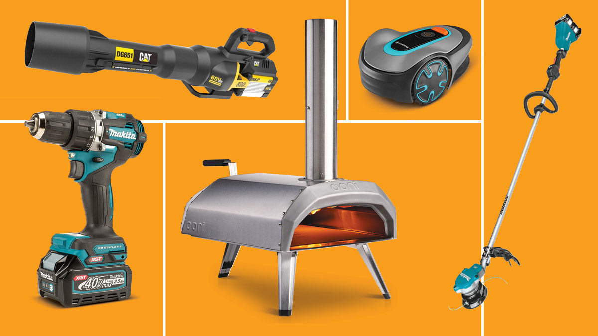 Cat DG651 leaf blower, Makita GFD02D cordless drill, Ooni Karu 12 Multi-Fuel Pizza Oven, Gardena Sileno Minimo,
2,700 sq. ft. robotic lawn mower, and Makita
XRU15PT string trimmer