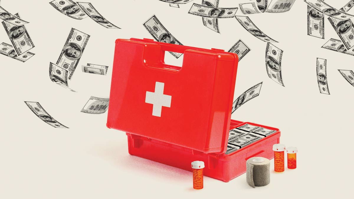 An open first aid kit with hundred dollar bills stacked inside and scattered in air