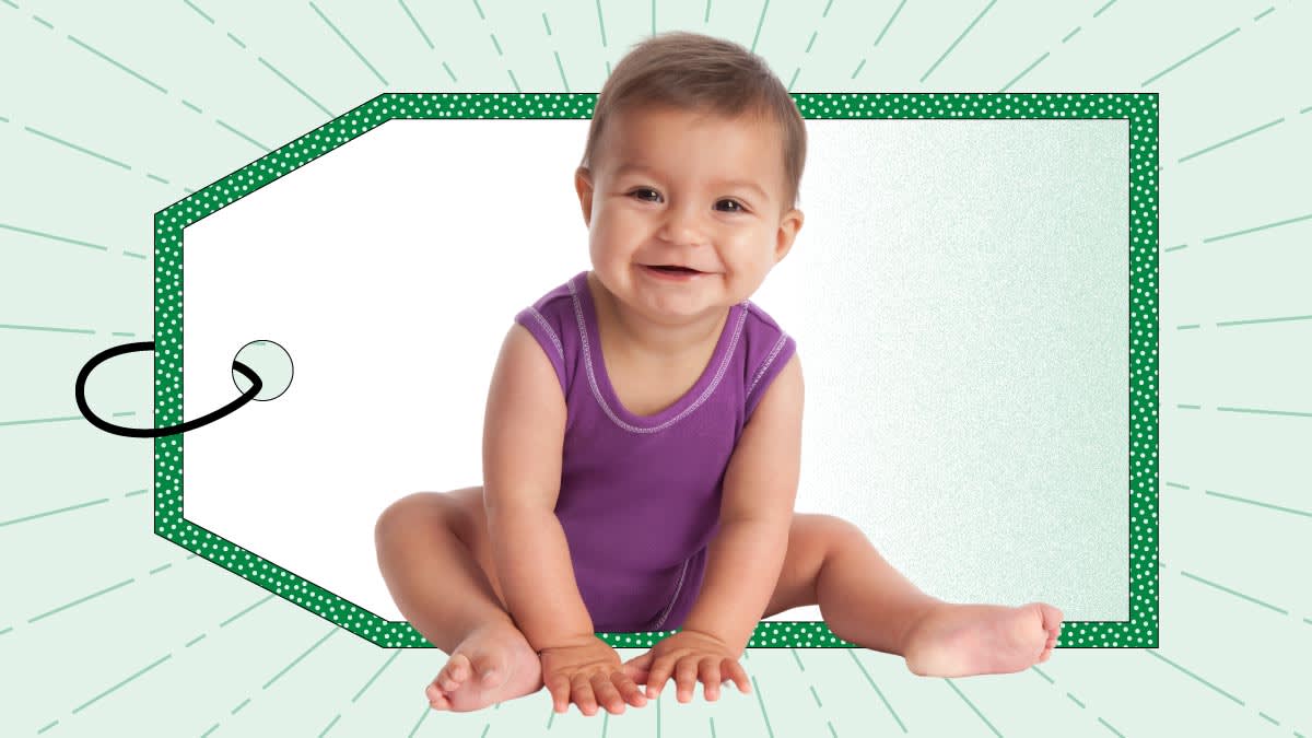A baby sitting in front of a large green-bordered price tag graphic, set against a background with green lines radiating outward.
