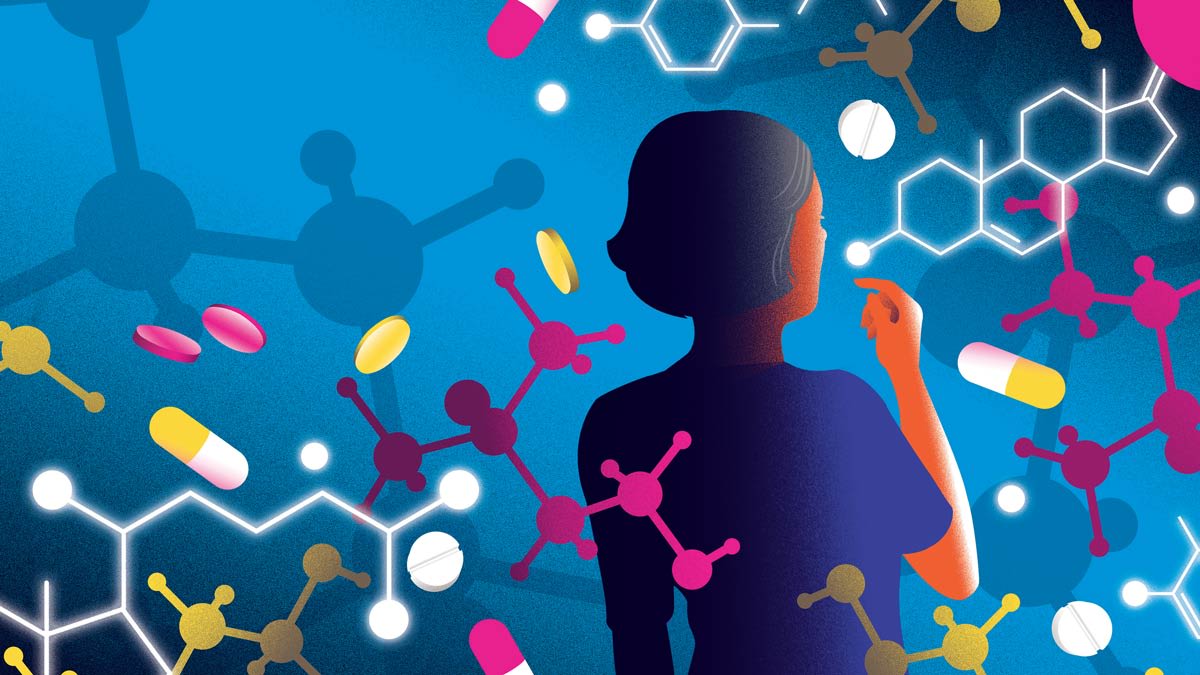 illustration of back of person with genetic code and pills floating around them