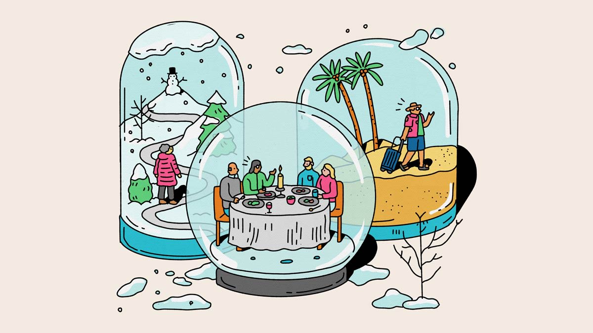 Three snow globes with people inside in different settings: a snowy mountain, a beach, and a dinner table