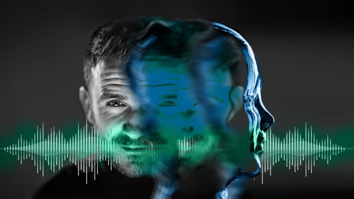 Black-and-white portrait of a man on the left, transitioning into a distorted, blue-tinted, abstract humanoid face on the right, with soundwave graphics