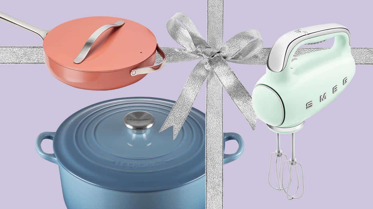 Clockwise from top left: Caraway Ceramic-Coated Non-Stick Pan, Smeg hand mixer, Le Creuset Dutch oven
