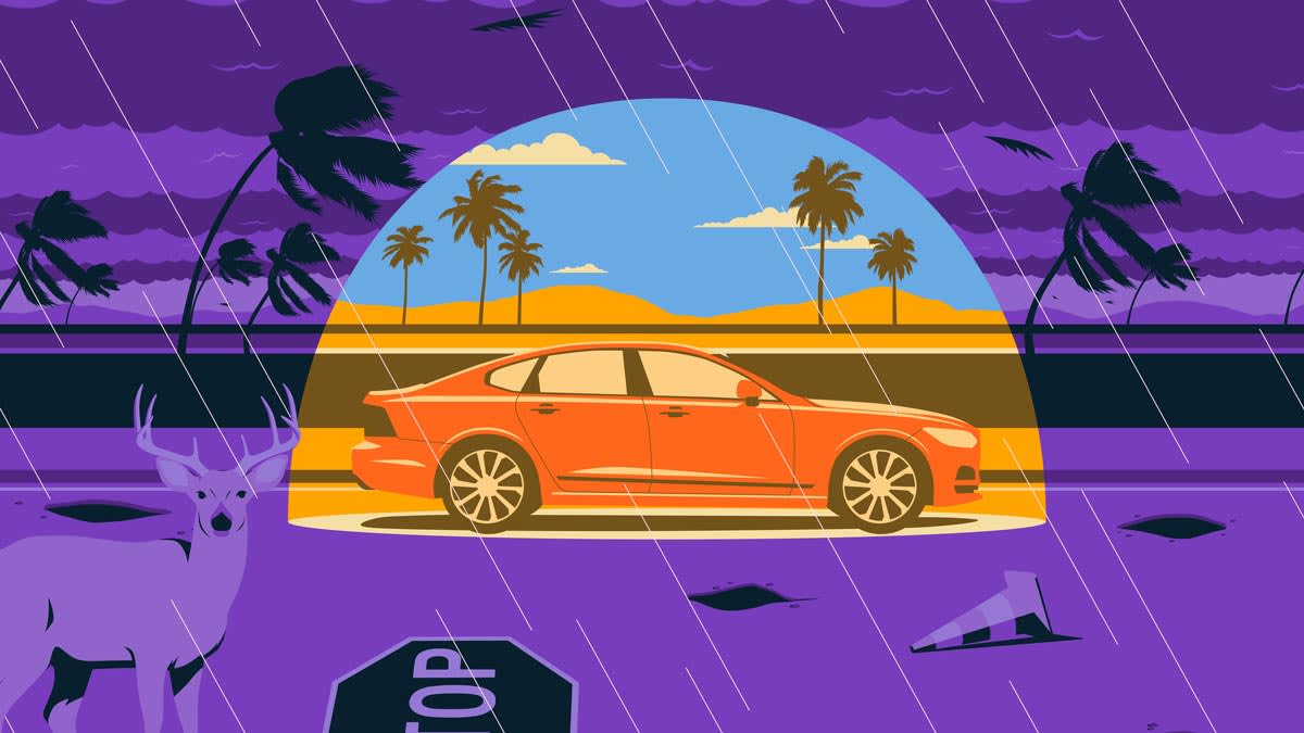 Car in a protective bubble while surrounded by numerous road hazards.