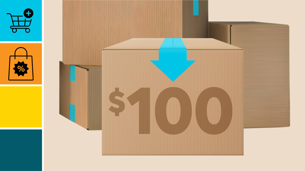 collage with box with $100 written on side, with a cyan block with a shopping cart icon, and an orange block with sale shopping bag icon