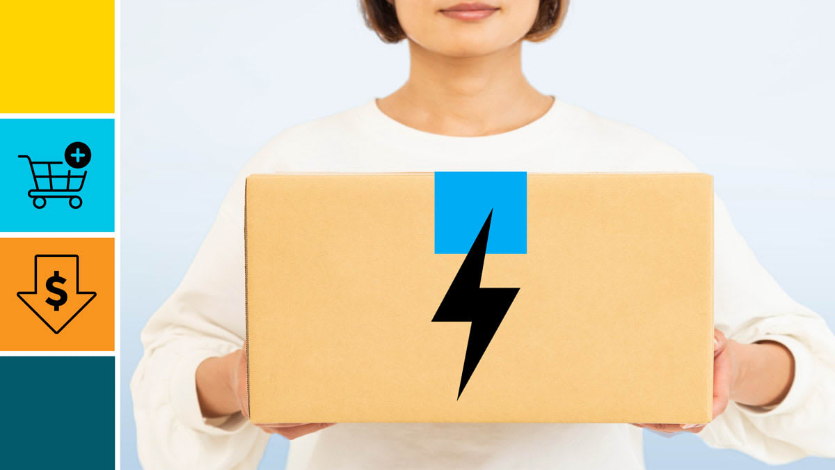 detail of person holding cardboard box that has lightning symbol on side of box with a cyan block with a package icon, and an orange block with a dollar sign in a down arrow