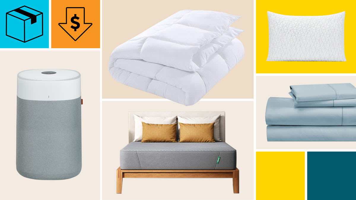 Blueair Blue Pure 211i Max, Utopia Bedding Duvet Insert, Coop Goods Pillow, California Design Den Cotton Sateen (400 TC), and Siena Memory Foam with a cyan block with a package icon, and an orange block with a dollar sign in a down arrow