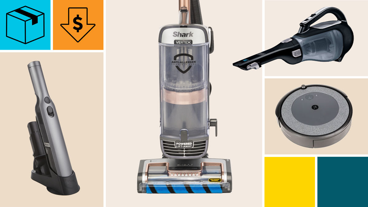 iRobot Roomba i3+ EVO Robotic Vacuum, Black+Decker BDH2000L and Shark Ion W1 WV201 Handheld Vacuums, Shark Vertex DuoClean AZ2002 Upright Vacuum with a cyan block with a package icon, and an orange block with a dollar sign in a down arrow