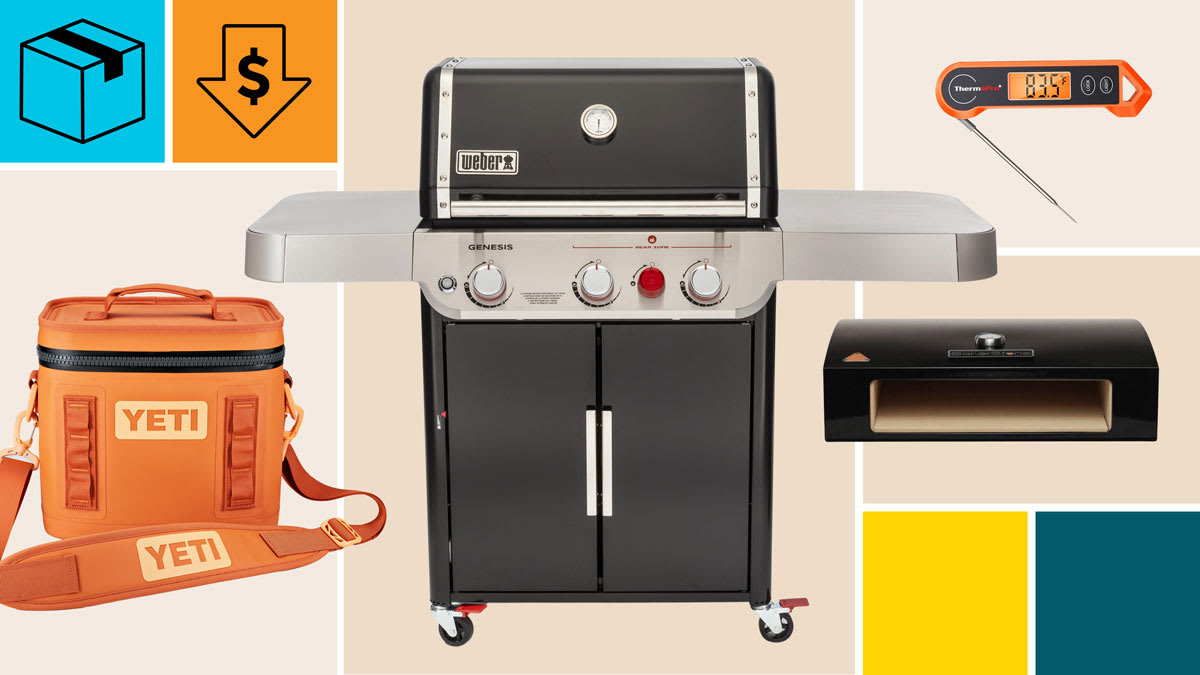 Yeti Hopper Flip 8 Soft Cooler, Weber Genesis E-325s 35310001, ThermoPro Digital Meat Thermometer (TP19H), and BakerStone Pizza Oven Attachment with a cyan block with a package icon, and an orange block with a dollar sign in a down arrow