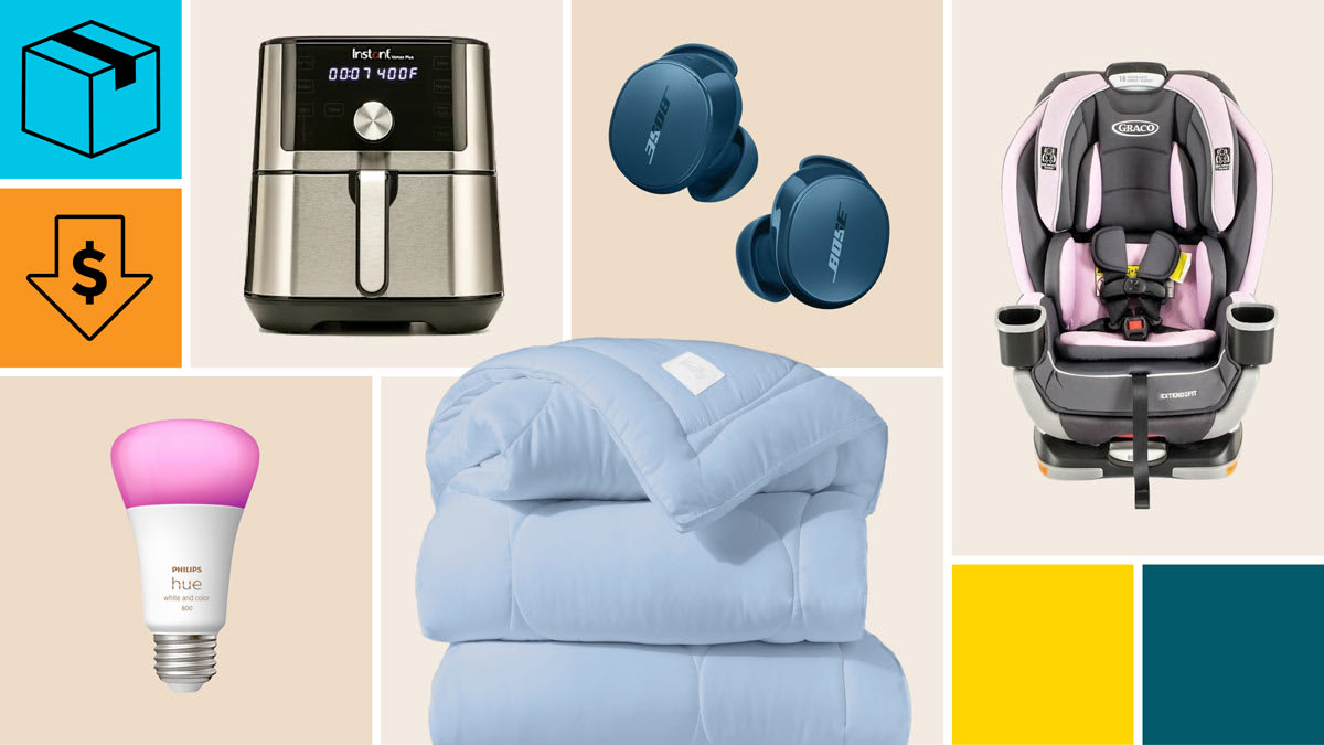 Philips Hue White and Color Ambiance Smart Bulbs, Instant Vortex Plus 140-3079-01, Bose QuietComfort Earbuds, and Graco Extend2Fit 3-in-1 Car Seat, Buffy Cloud Comforter with a cyan  block with a package icon, and an orange block with a dollar sign in a down arrow