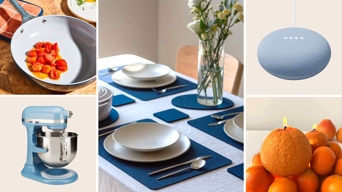 Caraway Non-Stick Frying Pan with cherry tomatoes, Graf Lantz Merino Wool Rectangle Placemats on dining table with white ceramic dishes and silverware, Google Nest Mini, Scandles Large Orange candle, and KitchenAid Bowl Lift KSM70