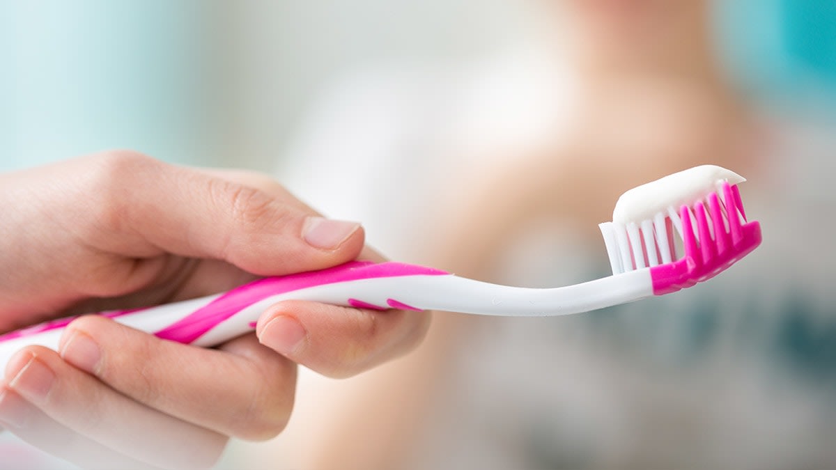 Hand holding toothbrush with toothpaste on it.