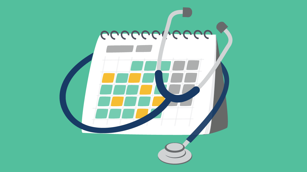 An illustration of a stethoscope looped around a calendar.